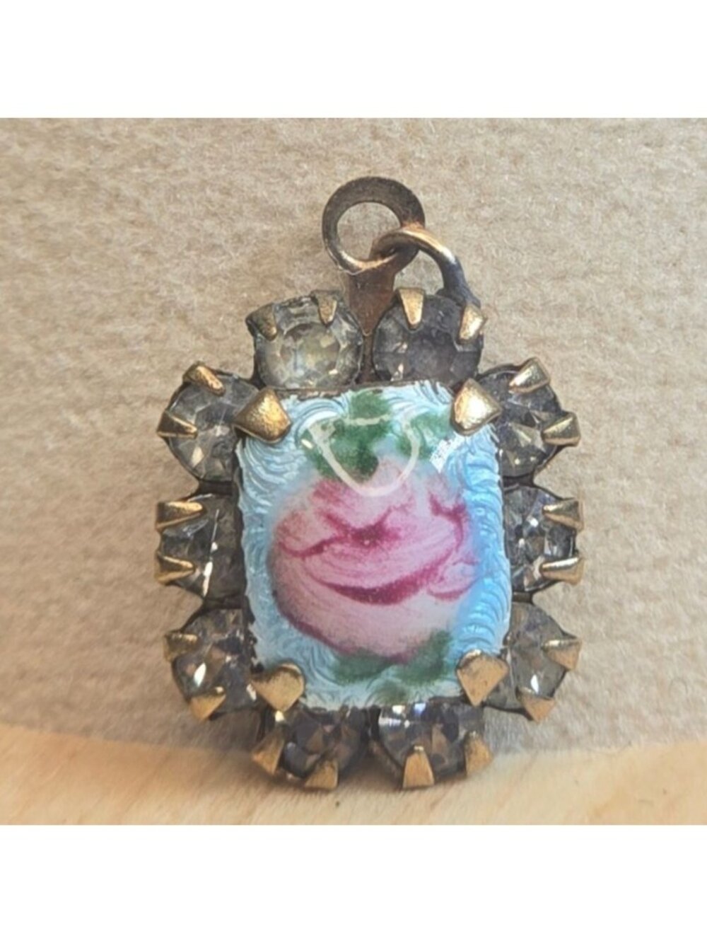 Vintage Guilloche Enamel Pink Rose Pendant Rhinestone Charm Art Deco Style READ - Picture 3 of 8